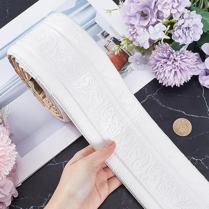 CRASPIRE 88 x 3.35 Inch White Crown Molding Peel and Stick Self Adhesive Flexible Foam Trim 3D Decorative Wallpaper Border Wall Edging Foam Baseboard Mirror Border Wall Lines Hotel DIY Decor - Image 3