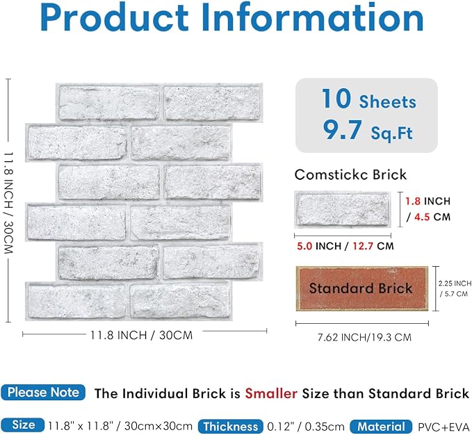 COMSTICKC 3D Faux White Brick Wall Panels Peel and Stick Wall Stickers | 10 Pcs of 11.8" x 11.8", with Gray Spots Design, Small Size Thin PVC Fake Brick Adhesive Wall Covering Backsplash Decor - Image 5