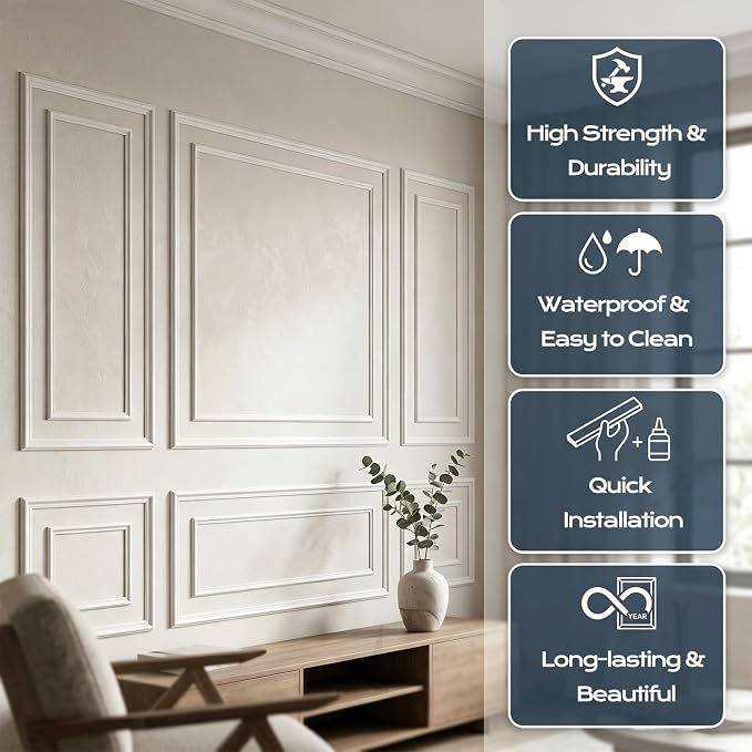 3-Set Peel and Stick Wall Molding Kit, Premade Wainscoting Panels | 31 x 63 in and 63 x 78 in Modern Premade Wainscoting Panel, Wall Decoration Kit for Wall Moulding Decor Accent Molding, White - Image 6