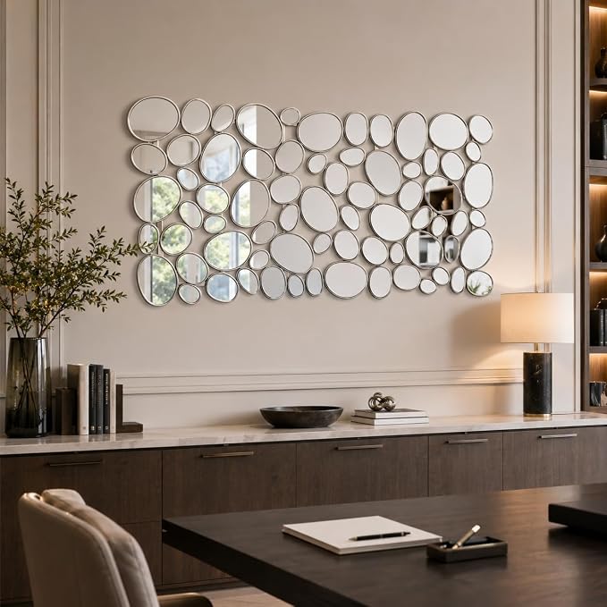 Large Wall Mirrors Decorative - 27.5x55 Inch Silver Living Room Mirrors for Wall Decor, 71 Piece Multi-Size Pebble Design Metal Framed Accent Mirror for Entryway Living Room Home Decor - Image 4