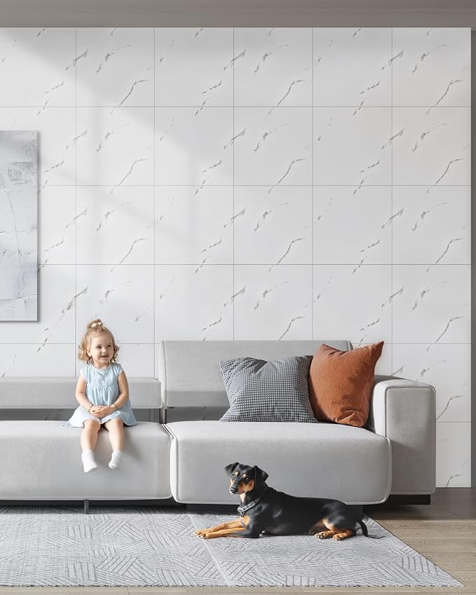 WADILE 40pcs Waterproof Peel and Stick Marble Wall Tiles, 11.8"x11.8" Self-Adhesive PVC Panels for Bathroom, Kitchen, and Living Room Cloud White (Not Real Tile) | Marble look, Self adhesive, PVC Panels, Lightweight Foam Wall Panels, Bathroom, Kitchen,... - Image 7