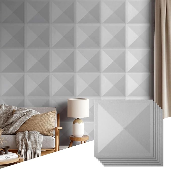 12 Pack 3D Wall Panels for Interior Wall Decor, Accent Wall Panels for Office Living Room Bedroom Hotel Lobby, 12''x12'' PVC Pyramid Wallpapers Cover 12.Sq.Ft（Gray） by Unknown