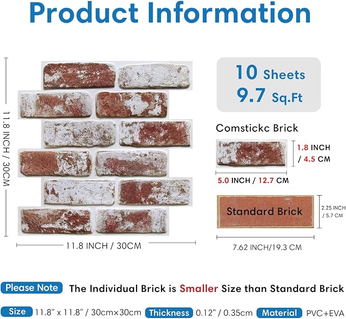 COMSTICKC 3D Faux Brick Wall Panels Peel and Stick, 10 Pcs 11.8" x 11.8" | Whitewash Red, Not Real Brick, Small Size, Ultra-Light Thin PVC, Fake Brick Decorative Tiles for DIY Decor, Cover 9.7 sq ft - Image 5