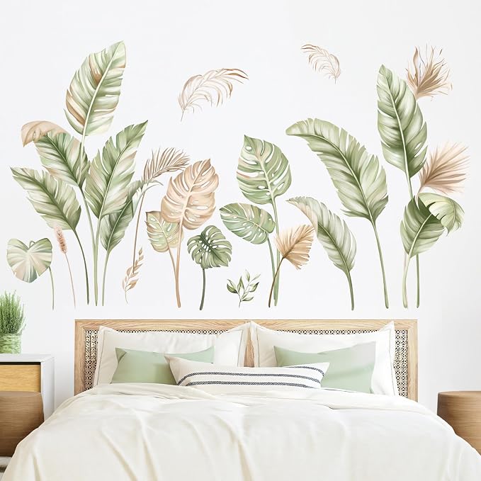 wondever Boho Palm Leaves Wall Decals Tropical Green Plants Wall Stickers | Peel and Stick, Removable, Wall Art Decals, Wall Decoration, Living Room Bedroom, Office Sofa TV Home Wall Decor - Image 4