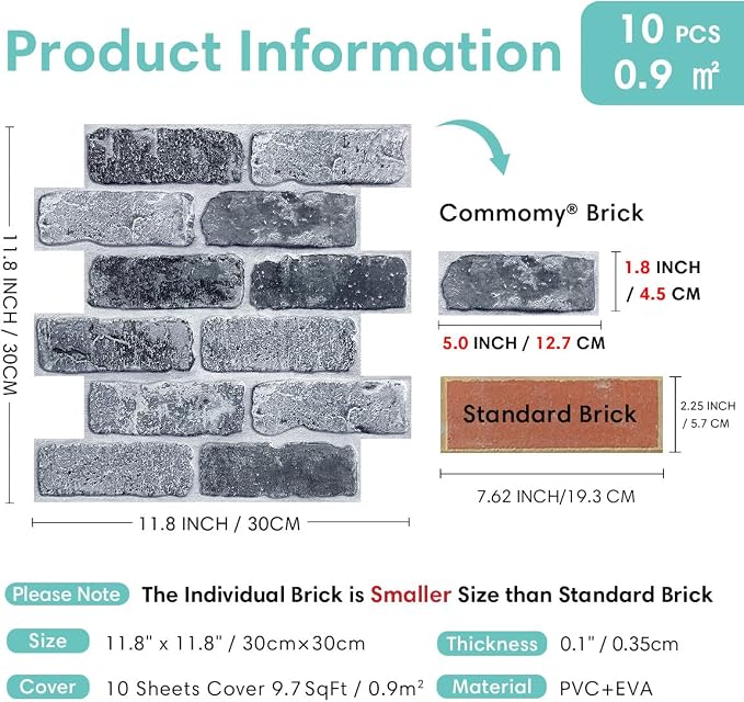 Commomy 3D Faux Brick Peel and Stick 10 pcs 11.8" x 11.8" | Small Size Thin PVC Brick Wall Panels Farmhouse Brick Wallpaper Tile for Kitchen Backsplash,Living Room(Covers 9.7 sq.ft) - Image 4