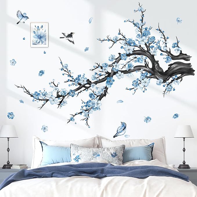 decalmile Blue Flower Branch Blossom Floral Tree Wall Decals Stickers - Image 3