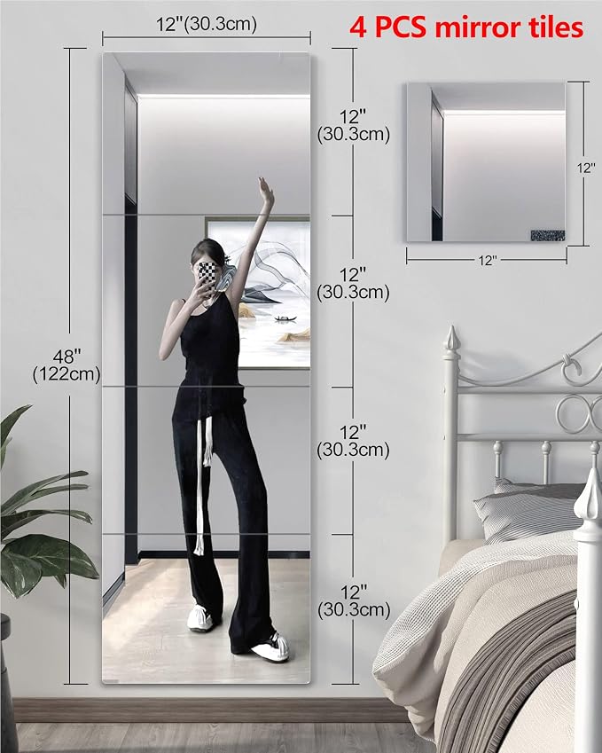 Shatterproof Wall Mirror Full Length for Bedroom, Acrylic Gym Mirrors For Home, Extra Thick: 0.12 inch, 12 x 12 inch x 4 Pcs, Workout Mirrors Safe for Kids, Over The Door, Long Wall Mounted - Image 8