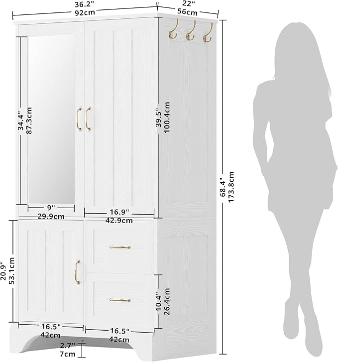 LIKIMIO Armoire Wardrobe with Mirror, 3-Door Hanging Rod & Drawers - Image 2