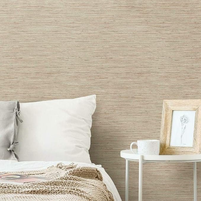 RoomMates RMK11560WP Pink and Taupe Faux Grasscloth Non-Textured Peel and Stick Wallpaper,Pink & Taupe, Roll by RoomMates
