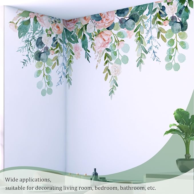 Watercolor Flowers Leaves Wall Decals Peel and Stick, Large Floral Flowers Wall Stickers, Removable Vine Home Decor Art for Bedroom Living Room Classroom Office - Image 7
