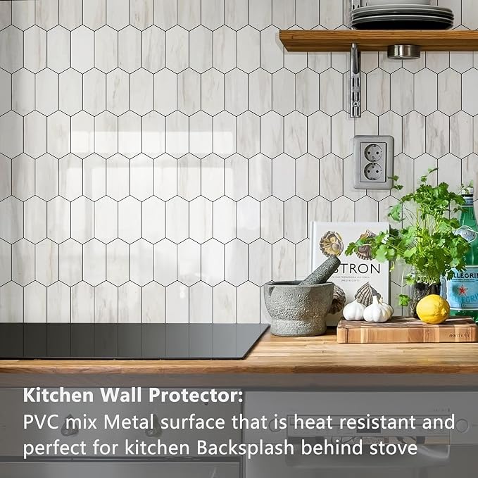 Vamos Tile Long Hexagon Peel and Stick Backsplash Tile - 1 Sheet Stick on Backsplash for Kitchen and Bathroom 12.4 x 12 Inch Glossy Wood Grain PVC Self Adhesive Mosaic Wall Tiles - Image 2