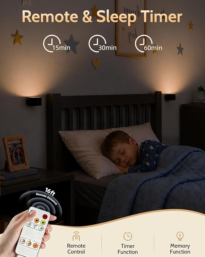 LED Wall Mounted Lights, Rechargeable Wall Sconces, 3 Color Temps, Remote & Touch, 360° Rotating and Dimmable for Bedroom, Bedside & Reading (Black, 3 Pack) - Image 3