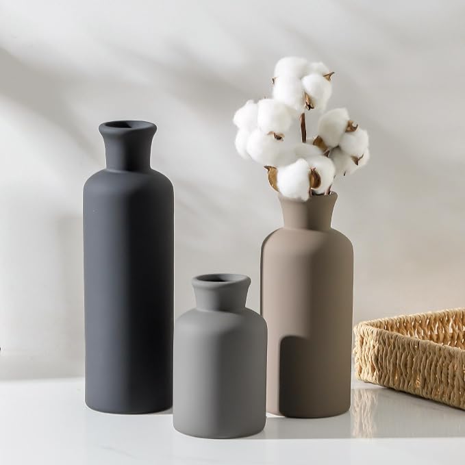 Ceramic Vase Set of 3, Neutral Vases Home Decor Rustic Farmhouse Decor Vase Terra Cotta Pottery Vases for Bouquet Pampas Grass Dried Fresh Flowers Living Room Kitchen Bedroom Bathroom - Multicolor - Image 7