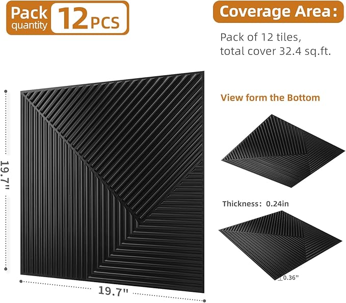 WOWSTAR 12-Pack 3D Wall Panels 19.7" x 19.7", Black Slat Wall Panels for Living Room Wall Decor, Modern Black Wall Covering for Home & Office | 12-pack, 19.7"x19.7", Textured wall panels, accent wall covering, living room bedroom office - Image 5