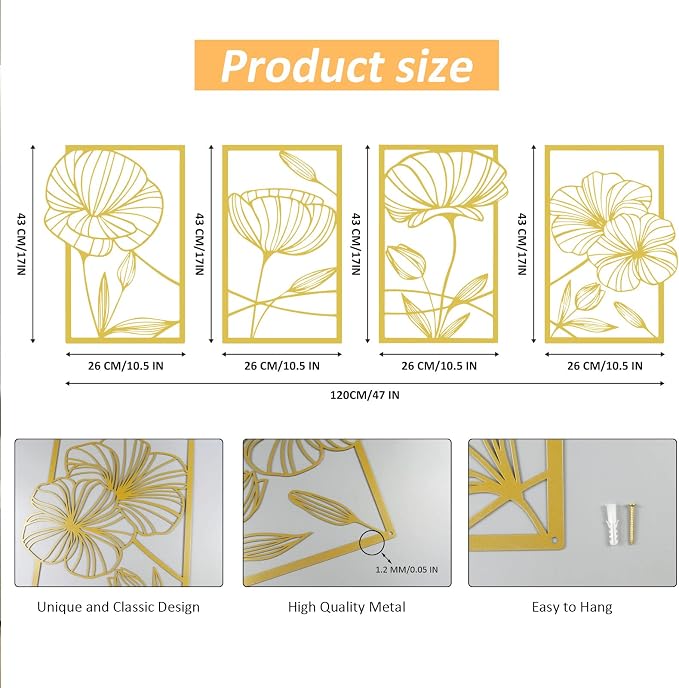 ESTART 4Pcs Metal Lotus Wall Decor Abstract Floral Line Art Sculpture | Minimalist Wall Decor for Bedroom Flowers Hanging Wall Sculpture for Living Room Kitchen Office and Yoga Room (Gold) - Image 3