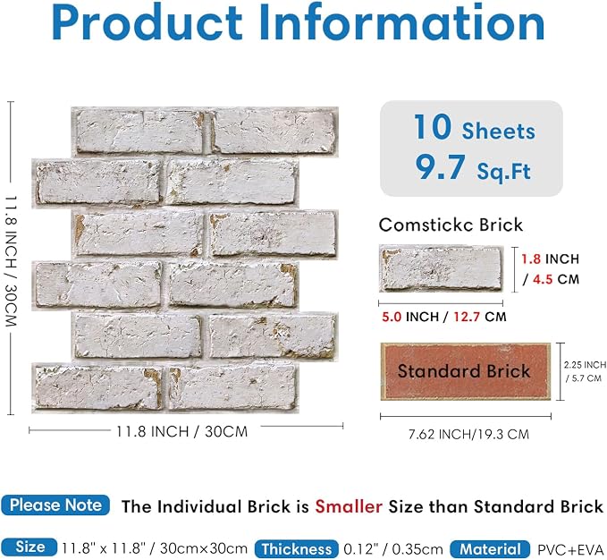 COMSTICKC 3D Faux Brick Wall Panels Peel and Stick, 10 Pcs 11.8" x 11.8" | Retro Yellow and White, Not Real Brick, Small Size, PVC Brick Wall Sticker Covering Wallpaper for Quick DIY, Cover 9.7 sq ft - Image 3