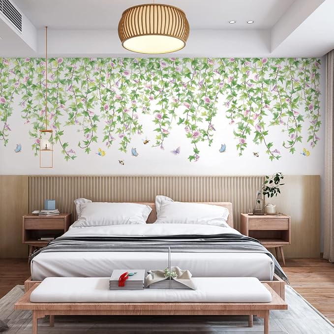 2 PCS Morning Glories Vine Wall Decals Purple Flowers Wall Stickers Green Leaves Wall Decal DIY Removable Butterfly Bee Art Murals Wallpaper for Girls Bedroom Living Room Offices Classroom Home Decor - Image 6