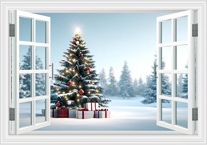 Fake Window Wall Decal - Christmas Tree Gift Winter Wall Art Poster Mural | ｜Faux Window Snow Snowfield Landscape Mural ｜ Stick and Peel Wall Decals｜for Xmas Room Office Decor｜48"x32",Set of 2 Sheets by Clickhere
