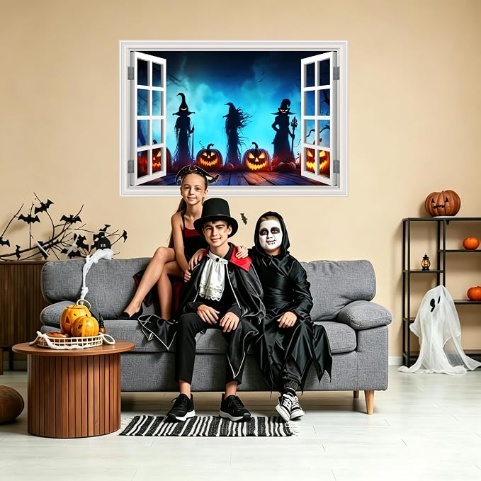 Halloween Fake Window Wall Decals Creepy Three Witches Pumpkin Art Sticker | ｜Faux Window Terror Spooky Ghosts Landscape Mural ｜ Stick and Peel Wall Decal｜for Halloween Room Scene Picture Decor｜24"x16" - Image 3