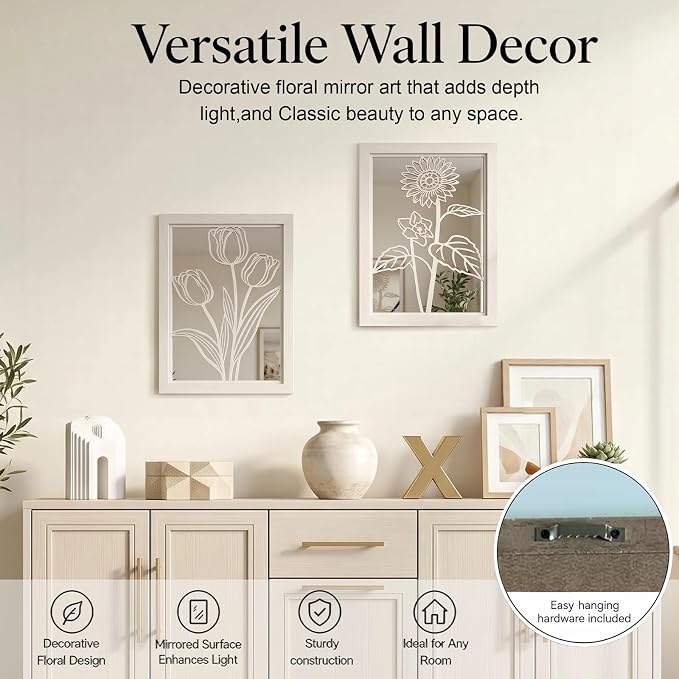 2 Set Farmhouse Mirrors for Wall Decor Living Room Bedroom Bathroom Entryway Wood Rustic Framed Decorative Accent Hanging Wall-Mounted Mirror Set -Distressed White 15.7 in - Image 5
