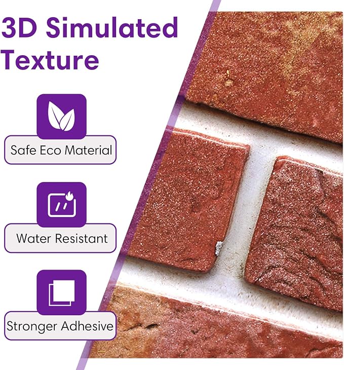 3D Peel and Stick Faux Brick Wall Panels 11.8" x 11.8" 10-Pack | Red, Small Brick-Look Textured Sticker, Thin Lightweight PVC Self Adhesive Wall Tiles for Interior Decor, Cover 9.7 sq ft - Image 4