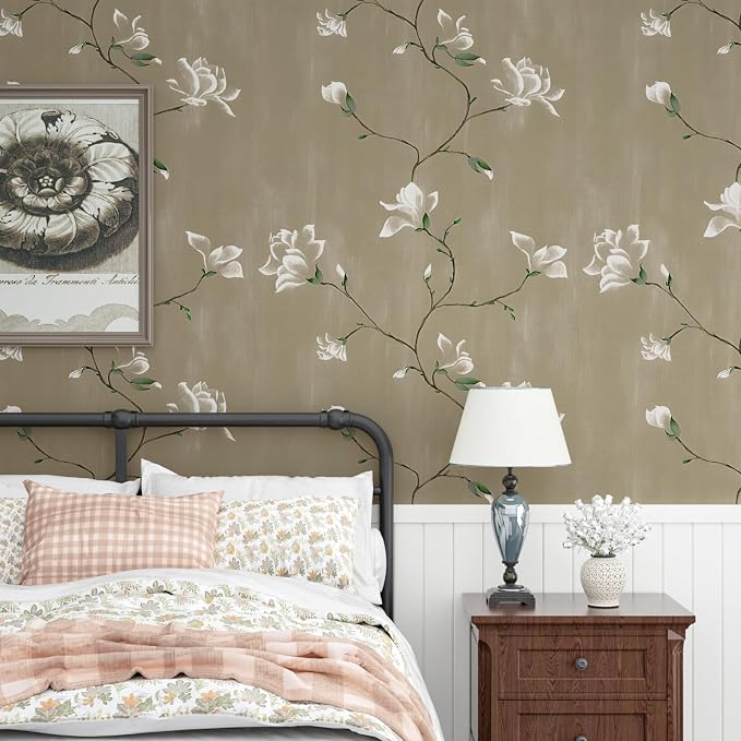 Laatse Vintage Khaki Floral Bird Wallpaper Peel and Stick 17.5" × 118" | Self Adhesive/Removable/Waterproof/Thick Vinyl Contact Paper for Bathroom Bedroom Shelf Cabinet Drawer,Prepasted,Easy Peel - Image 4