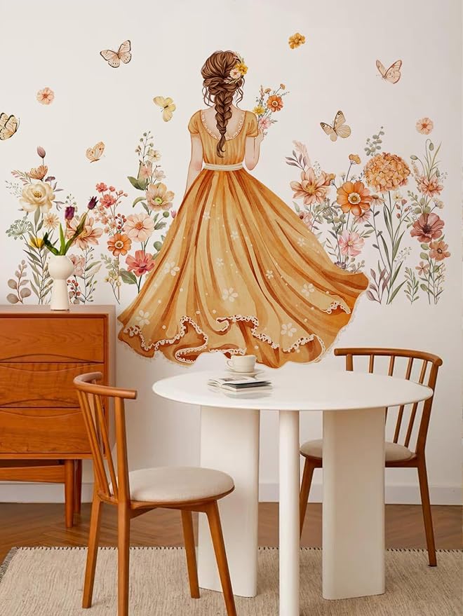 Butterfly Girl Wall Stickers - Orange Flower Fairy Garden Wall Decal Peel& Stick Removable Waterproof Vinyl Wall Decoration for Girl Bedroom Living Room,80 cm x 150 cm - Image 2
