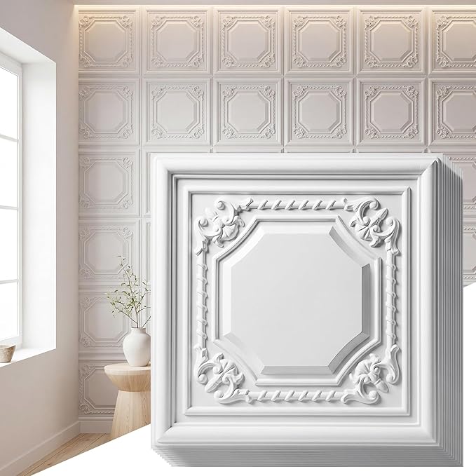 RattanView 33 Pack PVC 3D Wall Panels for Interior Wall Decor Decorative White Ceiling Tiles for Bedroom TV Background Gaming Room 12 x 12 Inch Drop Ceiling Panels Modern Accent Art by RattanView