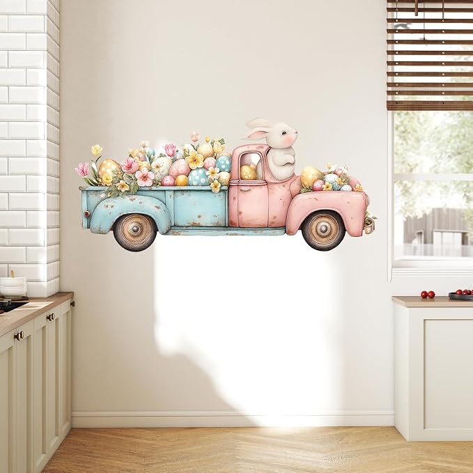 ANNA QUEEN Easter Bunny Truck Wall Decals Peel and Stick Vintage Easter Rabbit Truck Wall Stickers Removable Vinyl Easter Egg Wall Decor for Nursery Kids Room Spring Holiday Wall Art - Image 4