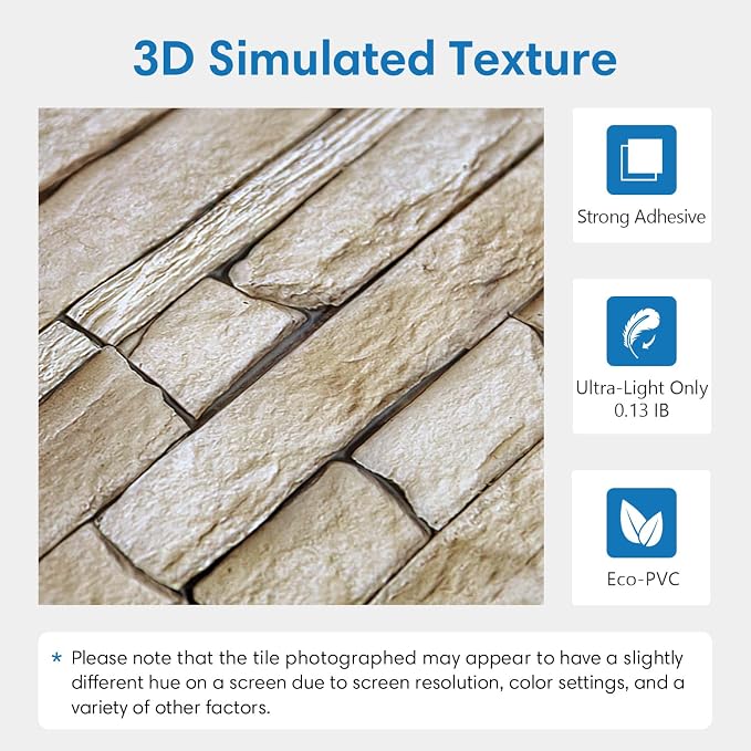 COMSTICKC 3D Faux Stone Wall Panels Peel and Stick, 10 Pcs 11.8" x 11.8" | Light Brown, Not Real Stone, Ultra-Light Thin PVC 3D Fake Rock Decorative Covering for DIY Interior Decor, Cover 9.7 sq ft - Image 3