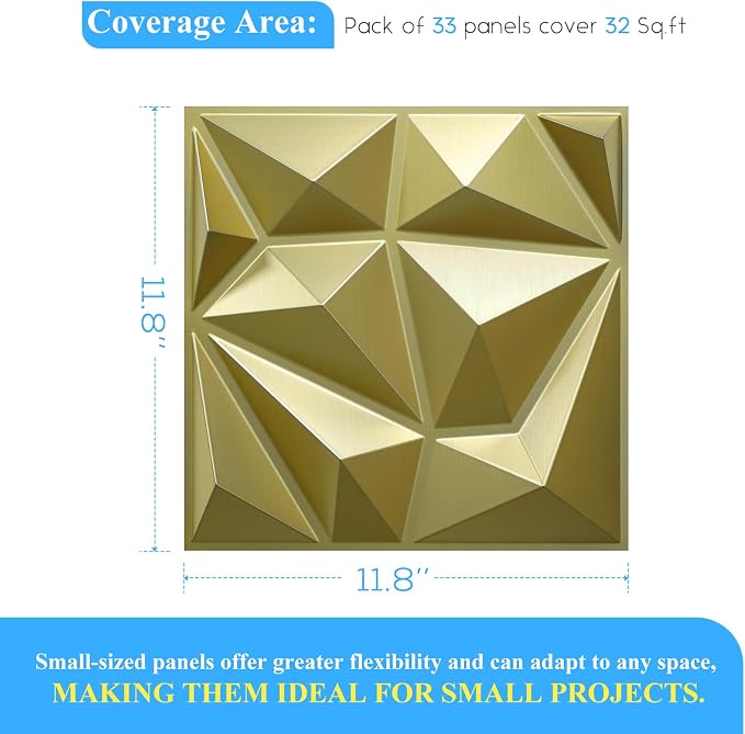 LEVOWAY 33 Pack Decorative 3D Wall Panels for Interior Wall Decor | 12''x12'' Champaign Gold Diamond Design Accent Wall Panles for Living Room,TV Wall Background,Bedroom - Image 5