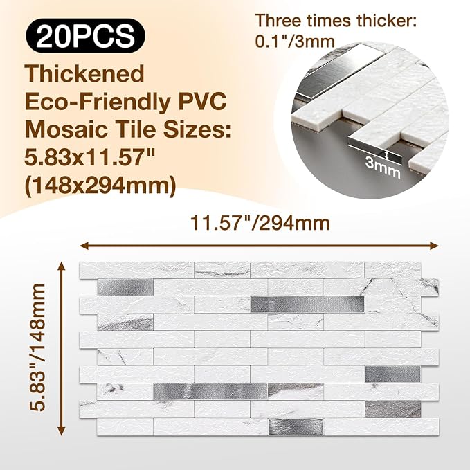 Peel and Stick Backsplash Tile Waterproof Removable PVC Wall Sticker 3D Faux Stone Marble Brick White Accent Panels (Rough White Marble - Metal Silver, 20 Tiles - 9 sq. ft. (0.84 M²)) - Image 3