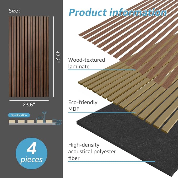 Art3d 4 Pack 47.2 x 23.6in. Wood Slat Acoustic Panels for Wall and Ceiling - 3D Fluted Sound Absorbing Panel with Wood Finish - Dark Walnut - Image 4