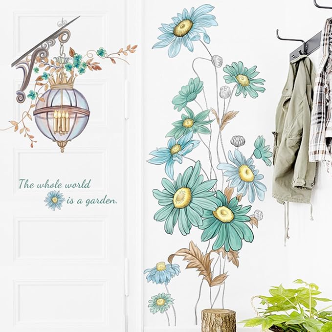Blue Sunflower Wall Decals Vinyl Stickers, Flower Butterfly Decal Art Murals, Flower Pattern Self-Adhesive Wall Stickers for Girls Bedroom Living Room Nursery Decor - Image 2