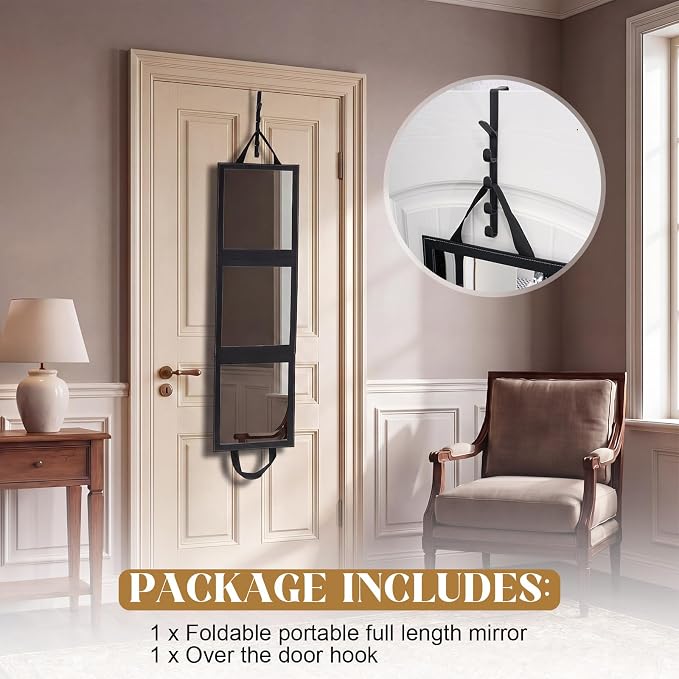 Novabright 3-Panel Over The Door Full Length Mirror, Foldable Hanging Acrylic Body/Makeup Mirror with Height Adjustable Hook for Bedroom Closet Bathroom, Dance Travel Camping (Black) - Image 3