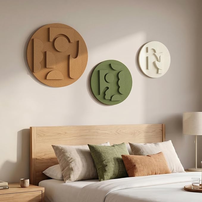 3D Textured Round Modern Abstract Boho Wall Art for Living Room, 3 Piece | Minimalist Bohemian Geometric Sculptures Artwork for Walls, White Terracotta Green Paintings, Bedroom Home Office Wall Decor - Image 7