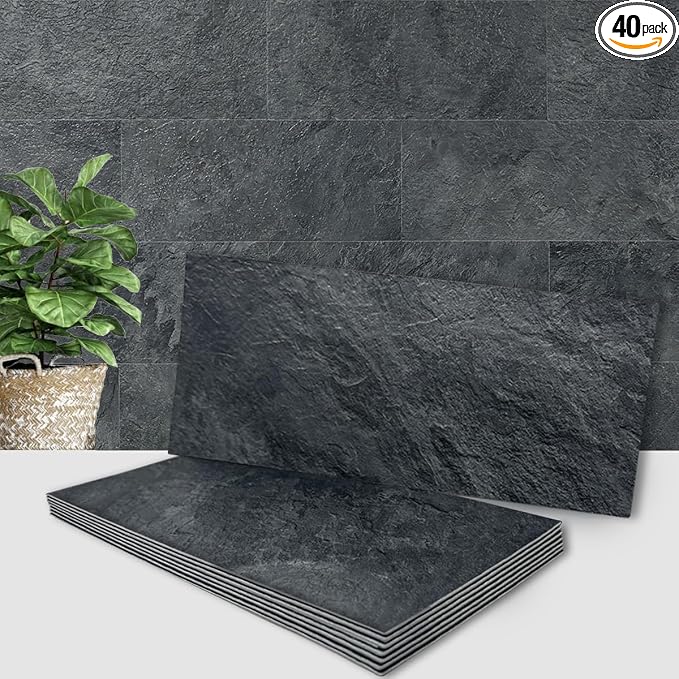 AULIGET 6" x 12" Black Slate Peel and Stick Backsplash Wall Tiles, PVC Faux Stone Stick on Tiles for Backsplash Kitchen, Bathroom, Laundry Room, Camper, Fireplace (Pack of 40) by AULIGET