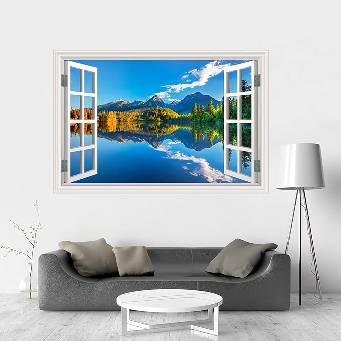 Fake Window Wall Decal- Summer Mountains Lake Forest Open Art Sticker | Faux Window Natural Scenery Landscape Mural ｜ Stick and Peel Wall Decals｜Room Bedroom Office Decor｜48"x32",Set of 2 Sheets - Image 9