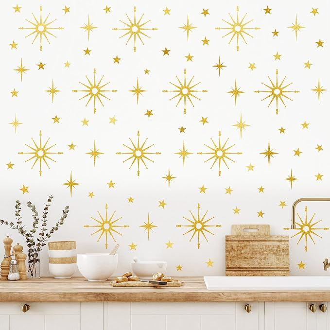 Gold Star Wall Sticker Retro Starburst Peel and Stick Decal for Living Room | Wall stickers, modern mid century decor, atomic removable art mural, ceiling stars, peel and stick, for kids bedroom nursery - Image 7