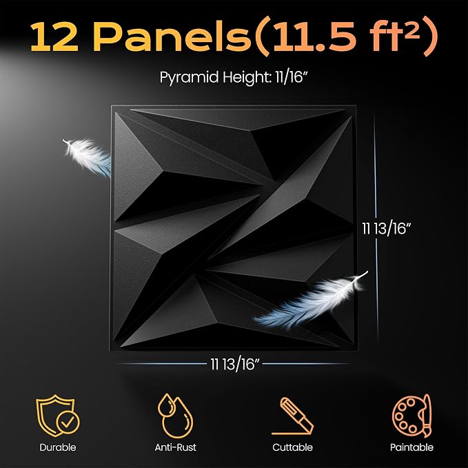 Sonicism Wall Panels Upgrade 12 Pack,0.7”x11.8”x11.8”Pyramid 3D Wall Panels Creative Cutting,PVC Wall Panels for Interior Wall Decor Fire Resistant,Wall Tiles for Various Scenes(Charcoal Black) - Image 5
