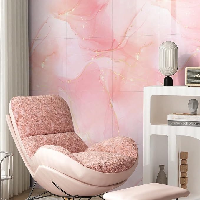 Chejiaye 10pcs Marble Peel and Stick Backsplash Waterproof Washroom Wall Panels, Peel and Stick Tile, PVC Foam Wall Panels for Kitchen,Bathroom,Living Room,Pink Wallpaper(Not Real Tile,11.8" x 11.8") - Image 2
