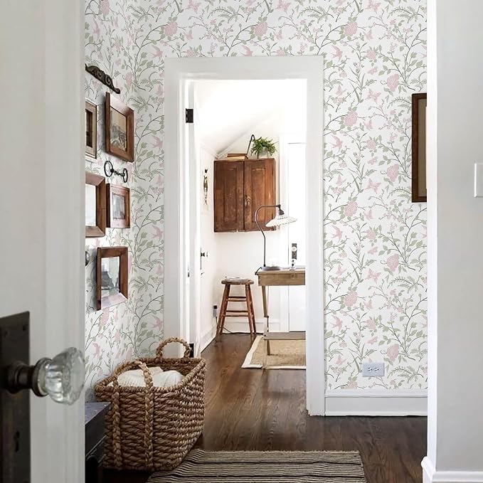Pink Floral Wallpaper Pink and Green Wallpaper for Nursery Bedroom 78.7"×17.3" Botanical Bird Butterfly Peel and Stick Wall Paper Boho Contact Paper for Cabinets Renter Friendly Self-Adhesive - Image 5