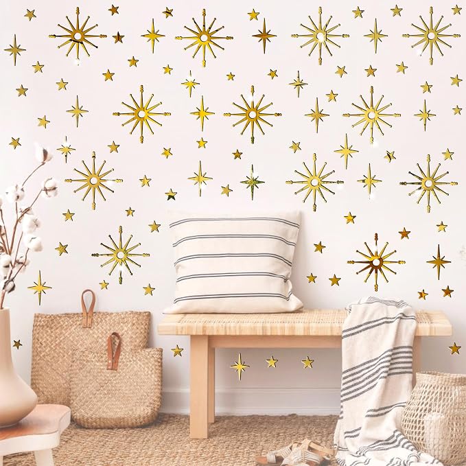 Star Wall Decals MCM Starburst Stickers Golden Mirror Decal Peel and Stick | Celestial decor, sparkle wall stickers, modern mid century decor, removable art mural, for kids bedroom living room farmhouse - Image 7