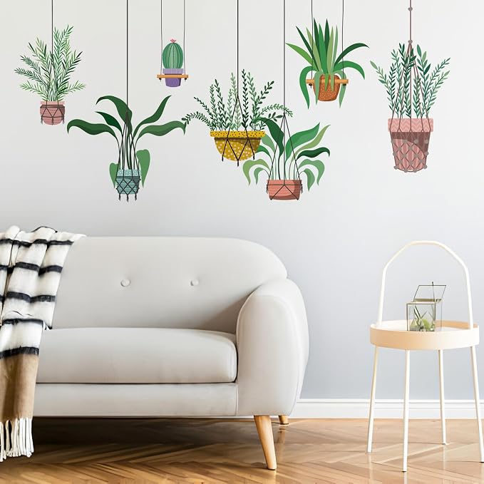 Green Hanging Potted Plant Vine Wall Decals - Peel and Stick, Leaf Shelf Wall Stickers, Boho Art Decor - for The Living Room, Bedroom, and Office - Image 4