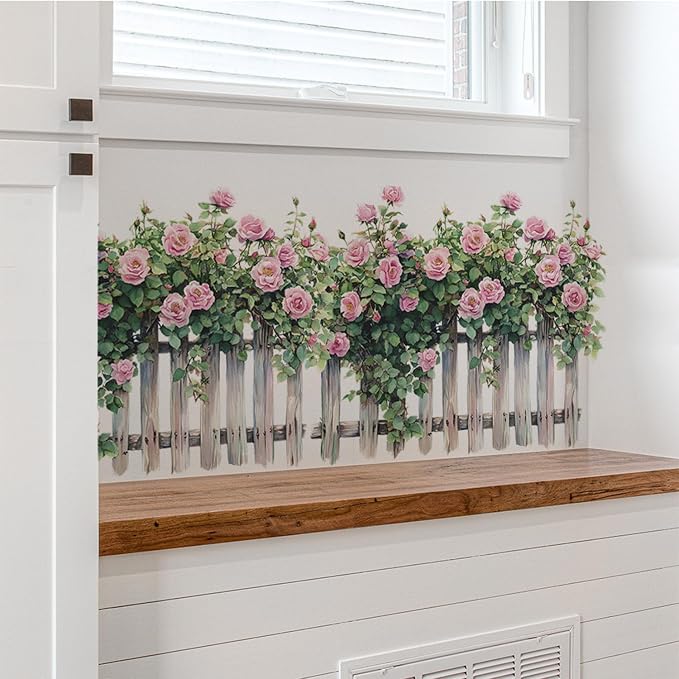 Romantic Rose Decals Floral Wall Decor, Rose Vine Fence Flowers Stickers Wall Art Murals, Flower Pattern Self-Adhesive Stickers for Girls Bedroom Living Room Nursery Decor - Image 4
