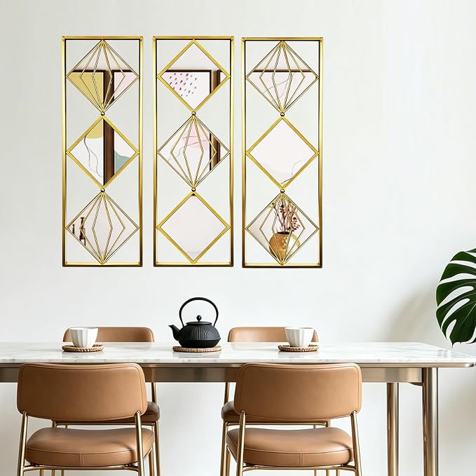 Set of 3 Large Gold wall Mirror Decor, Gold Rust Resistant Metal Frame Decorative Mirror, Rectangula Layout Wall Mount Mirror for Living Room Bedroom Entryway, Dual Use Decor Grooming - Image 5