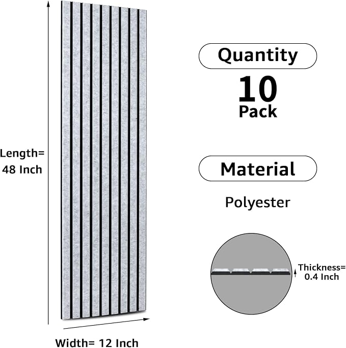 Art3dwallpanels 10 Pack Acoustic Panels, 48" X 12" X 0.43", Grey and Black | Soundproof Wall Panels, Self Adhesive, High Density Sound Absorbing, Acoustic Treatment for Recording Studio, Office - Image 3