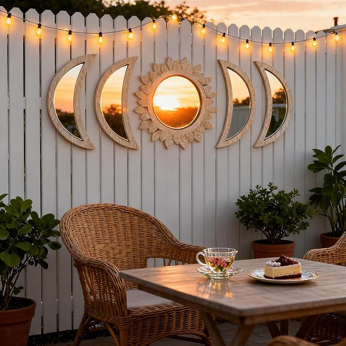 5 Pieces Moon Phase Mirror Wall-Mounted Wall Decor Mirrors Natural Wooden Sunburst Bohemian Wall Art for Home Living Room Bedroom Decoration - Image 5