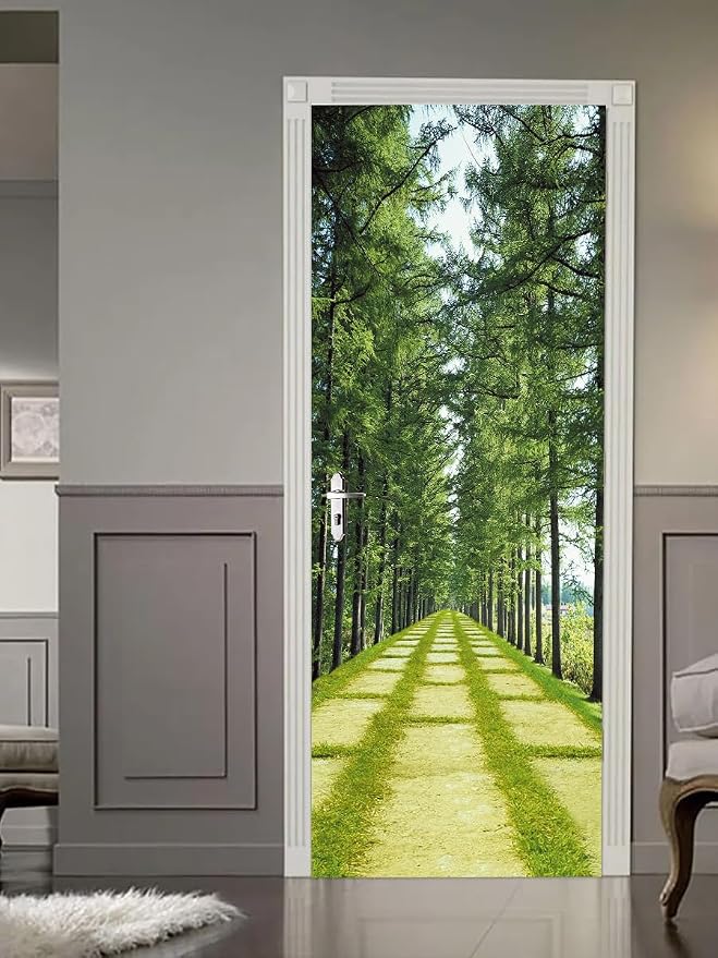 artfanke 3D Peel and Stick Door Sticker 30.3"x78.7"- Self-Adhesive Door Wallpaper Murals Decal-Green Forest Lawn Wall Poster for Home Decor (2 Sheets/Set) - Image 2