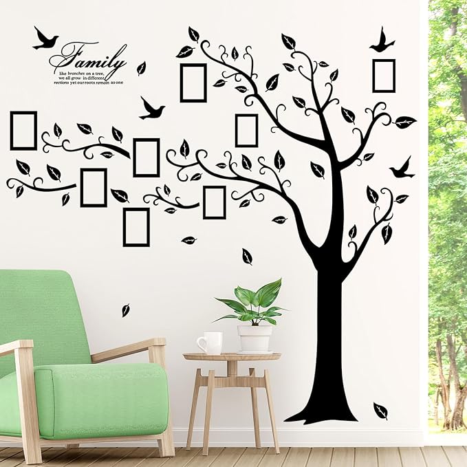 Large Family Photo Tree Wall Sticker 3D Peel and Stick Vinyl Photo Frame Tree Wall Decals Removable Quotes Leaf and Birds Wall Decor for Home Kids Bedroom Living Room Classroom Nursery (Left, Black) by AMAMAONM